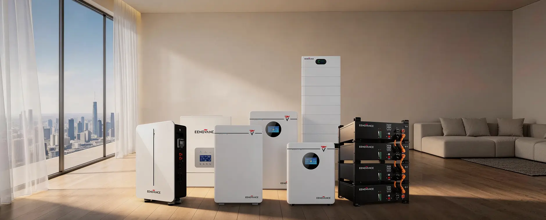 Eenovance thuisbatterijen in een woonkamer